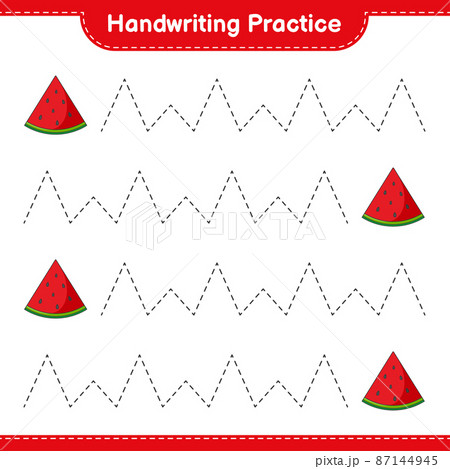 Handwriting practice. Tracing lines of Watermelon. Educational children game, printable worksheet, vector illustration 87144945