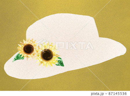 ひまわりを飾った帽子 ヴィンテージペーパーの質感のフレーム背景イラストオレンジグラデーションのイラスト素材