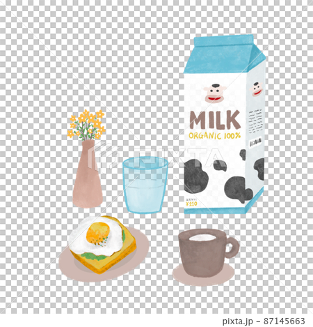 朝食食卓イメージ　イラスト　牛乳とパン 87145663