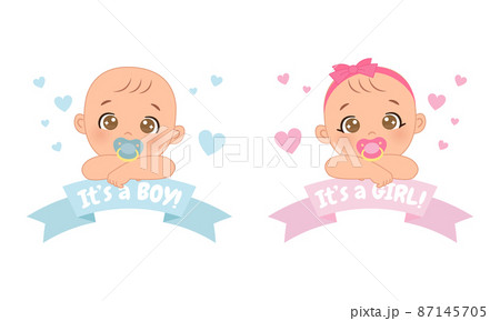 Cute baby boy and girl gender reveal label template. Flat vector cartoon design Cute baby boy and girl gender reveal label template. Flat vector cartoon design 87145705