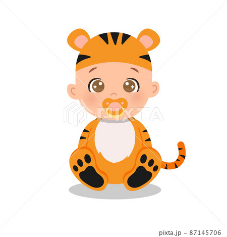 Cute baby in animal costume for the year of tiger. Flat vector cartoon design Cute baby in animal costume for the year of tiger. Flat vector cartoon design 87145706