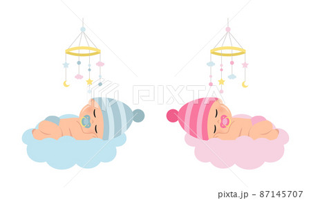 Cute sleeping baby boy and girl for gender reveal party. Flat vector cartoon design Cute sleeping baby boy and girl for gender reveal party. Flat vector cartoon design 87145707