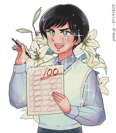 100点をとって大喜びする昭和の漫画風の少年 87145829