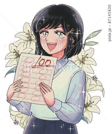 100点をとって大喜びする昭和の漫画風の少女のイラスト素材