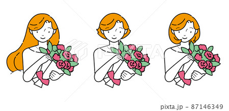 カーネーションの花束を持つ3人の若い女性のイラスト素材