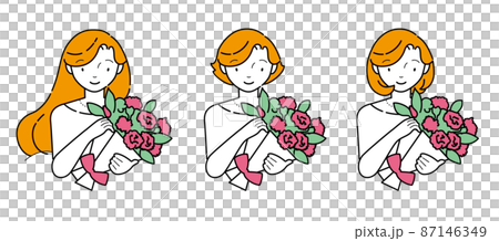 カーネーションの花束を持つ3人の若い女性のイラスト素材