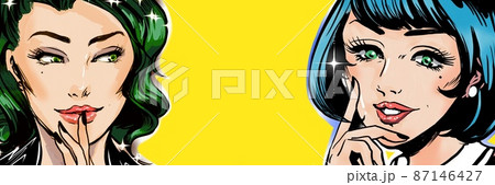 60年代アメコミカラフル髪の美女たちが熱視線を向けるドキドキイラストのイラスト素材