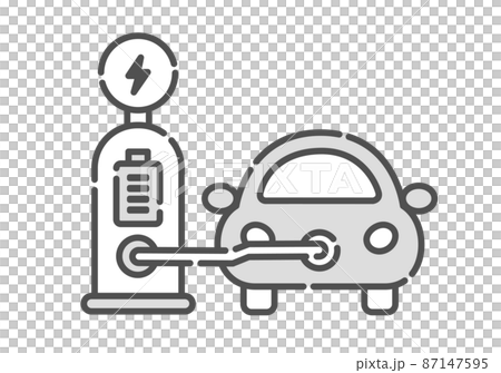 為電動汽車充電的插圖。圖標集。 87147595