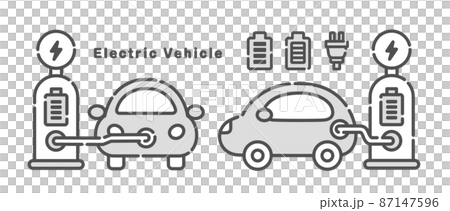 充電時的電動汽車矢量圖。圖標集。 87147596