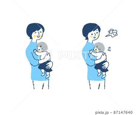 女の子を抱っこしている若いママ 笑顔と困った表情 上半身のイラスト素材