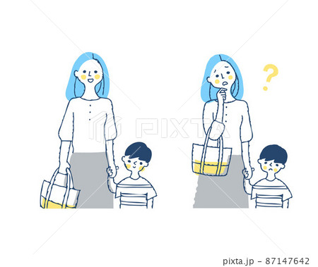 手を繋いでいる男の子とママ 笑顔と困った表情 上半身 手を繋いでいる男の子とママ 笑顔と困った表情 上半身 87147642