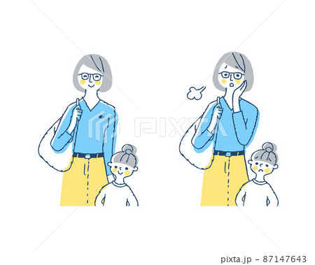 ママと女の子 笑顔と困った表情 上半身 ママと女の子 笑顔と困った表情 上半身 87147643