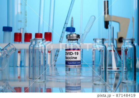 Russian Vaccine Vial on Chemical Lab Desk 87148419