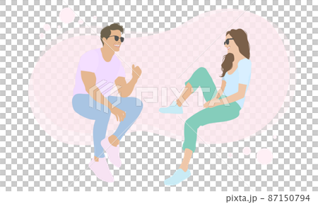 Vector illustrations of men and women who enjoy conversation while facing each other and laughing. Pink background 87150794