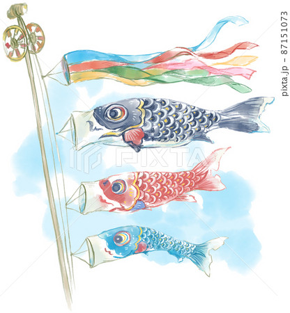 青空と風にそよぐこいのぼりの水彩イラストのイラスト素材