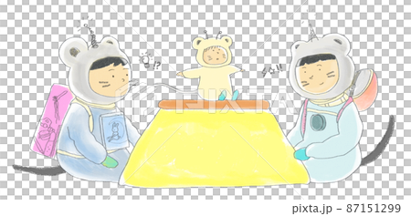 Parent and child of a space mouse relaxing with a kotatsu 87151299