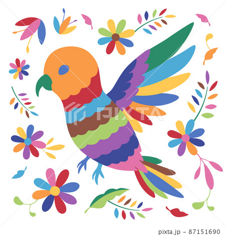 カラフルなインコのイラスト_オトミ刺繍のイメージ_メキシコ 87151690