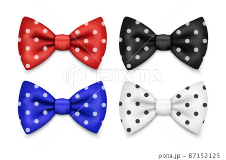 Vector 3d Realistic Polka Dot Red, Blue, White, Black Bow Tie Icon Set Closeup Isolated. Silk Glossy Bowtie, Tie Gentleman. Mockup, Design Template. Bow tie for Man. Mens Fashion, Fathers Day Holiday 87152125