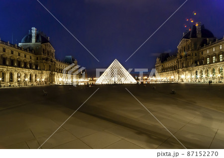The Louvre Palace and the glass pyramid (which was completed in 1989), (by night), Paris, France. The Louvre is the biggest Museum in Paris displayed over 60 000 square meters of exhibition space The Louvre Palace and the glass pyramid (which was completed in 1989), (by night), Paris, France. The Louvre is the biggest Museum in Paris displayed over 60 000 square meters of exhibition space 87152270