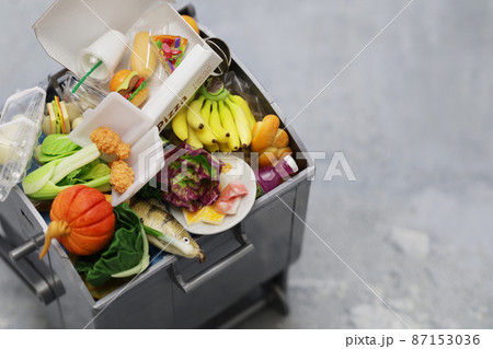 食品廃棄物であふれるゴミ箱(ミニチュア写真) 87153036
