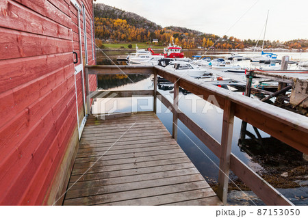 Norwegian fishing village view, wooden barns Norwegian fishing village view, wooden barns 87153050