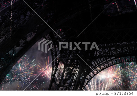 Celebratory colorful fireworks over the Eiffel Tower in Paris, France Celebratory colorful fireworks over the Eiffel Tower in Paris, France 87153354
