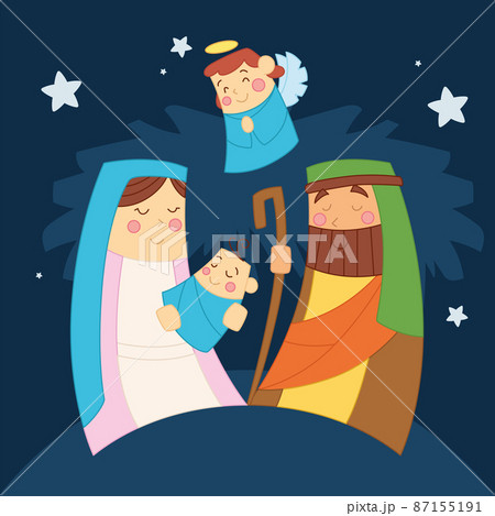 Child Jesus Joseph and Mary Cute angel Nativity scene cartoon Vector 87155191