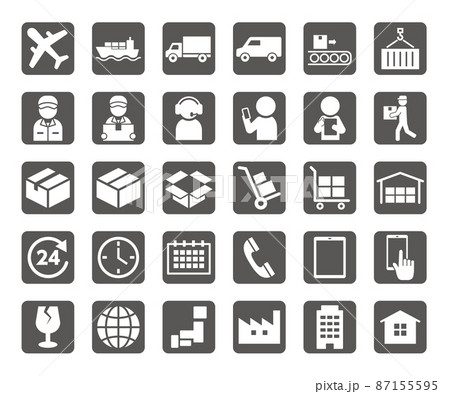 物流のシンプルな白抜き角丸正方形アイコンセットのイラスト素材