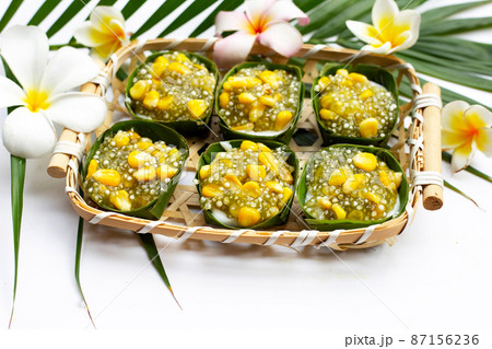 Thai dessert coconut pudding with tapioca pearl or sago and corn 87156236