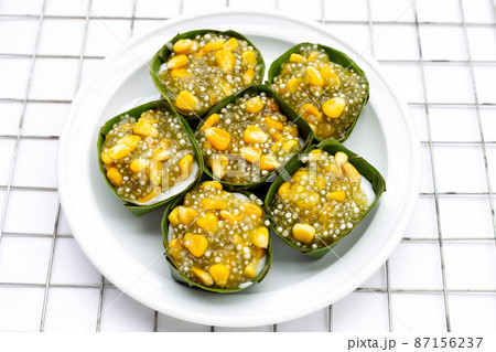 Thai dessert coconut pudding with tapioca pearl or sago and corn 87156237