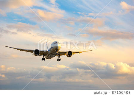 空を飛行する夕日に染まった旅客機「大阪空港」 空を飛行する夕日に染まった旅客機「大阪空港」 87156403