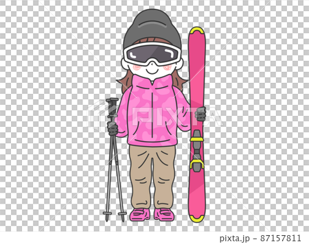 Illustration of a woman wearing goggles, ski poles and poles Illustration of a woman wearing goggles, ski poles and poles 87157811