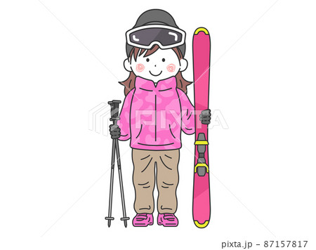 スキーウェアを着て スキー板とストックを持った女性のイラストのイラスト素材