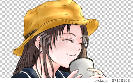 キャンプで飲み物を飲みながらニコニコしている女性　背景なし 87158168