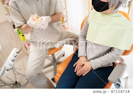 歯医者さんで入れ歯を説明する歯科医の様子 87158718