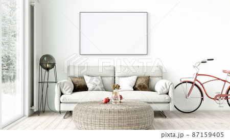 Modern interior of a room with an empty painting. Sofa and large window, wooden floor and wall. Clean lines of interior design. 3D rendering 87159405