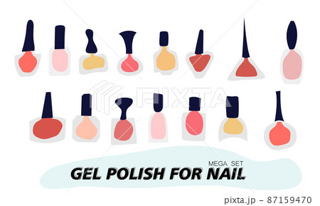 A set of jars with gel nail polish. Transparent jar, colored varnish is visible through the glass. Objects and materials for a beauty and fashion salon. Vector illustration. 87159470
