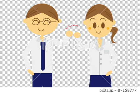 Illustration of the upper body of two people, a double-income couple, a colleague who cooperates in the same work, and a colleague who confirm the bond with a team of men and women 87159777