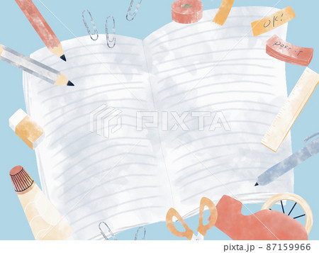 長方形 開いたノートと文房具の背景 水彩風イラスト 水色のイラスト素材