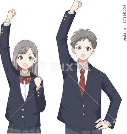 ガッツポーズ　笑顔の男女の学生　ブレザー服チェック柄 87160058