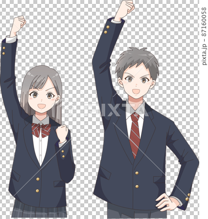 ガッツポーズ　笑顔の男女の学生　ブレザー服チェック柄 87160058