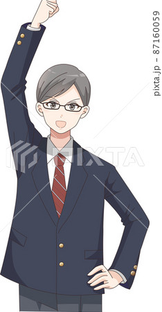 ガッツポーズ　笑顔の男子学生(眼鏡)　ブレザー服チェック柄 87160059