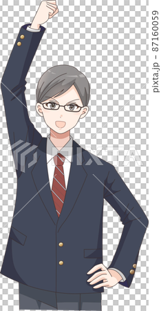 ガッツポーズ　笑顔の男子学生(眼鏡)　ブレザー服チェック柄 87160059