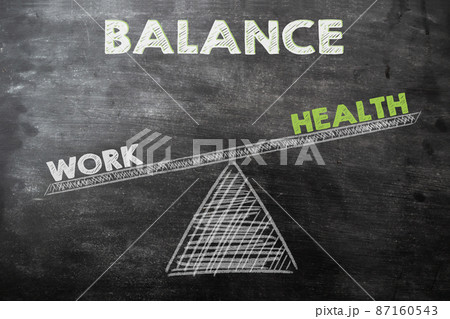 the words work outweighs the word health on a swing drawing with chalk on a blackboard. Concept photo of the ability to keep a balance between work and health. Motivational drawing. the words work outweighs the word health on a swing drawing with chalk on a blackboard. Concept photo of the ability to keep a balance between work and health. Motivational drawing. 87160543