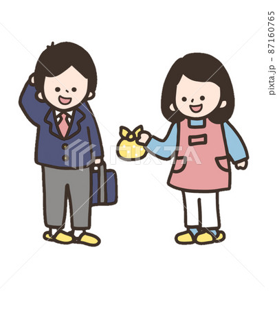 お弁当を渡す母親と受け取る息子 87160765