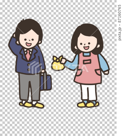 Mother giving lunch and son receiving Mother giving lunch and son receiving 87160765