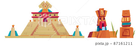 Aztec pyramids and statues, mayan city monuments 87161211