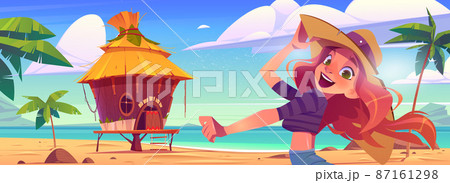 Happy girl on sea beach with bungalow 87161298