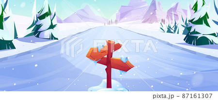 Ice slide with wooden road sign and mountains Ice slide with wooden road sign and mountains 87161307