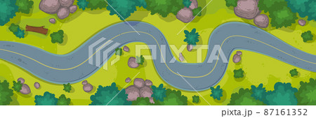 Top view of winding car road, grass and bushes Top view of winding car road, grass and bushes 87161352